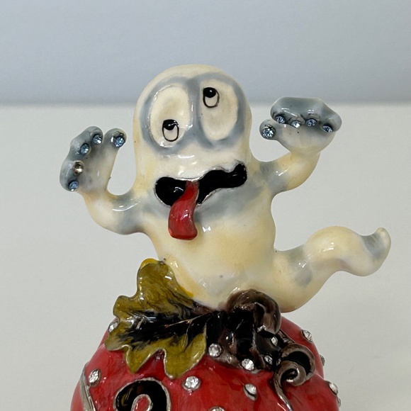 Spooky Metal Enameled Trinket Box Porcelain Ghost Crystals - Picture 5 of 8
